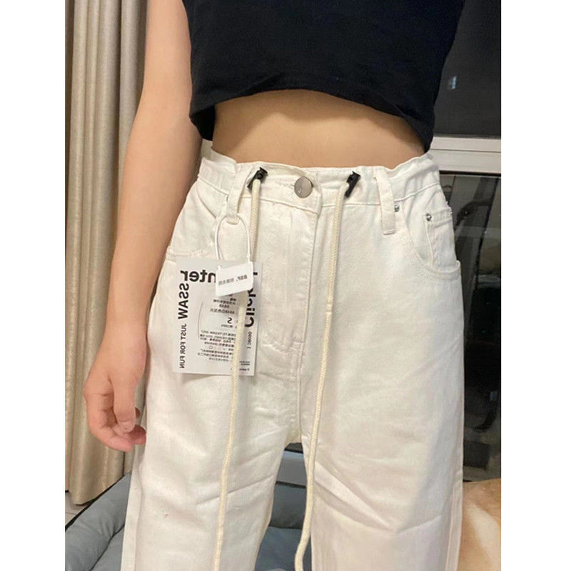 White wide-leg jeans women's high waist slimming  new straight loose drawstring thin section mopping pants