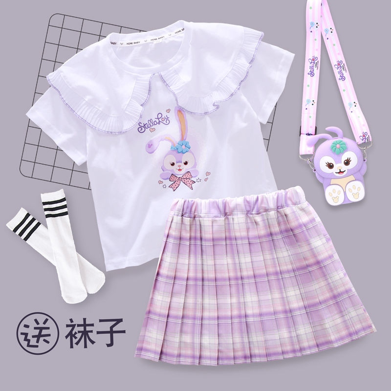Girls star Dailu jk uniform suit summer short-sleeved college wind big children's grid skirt primary school students two-piece suit