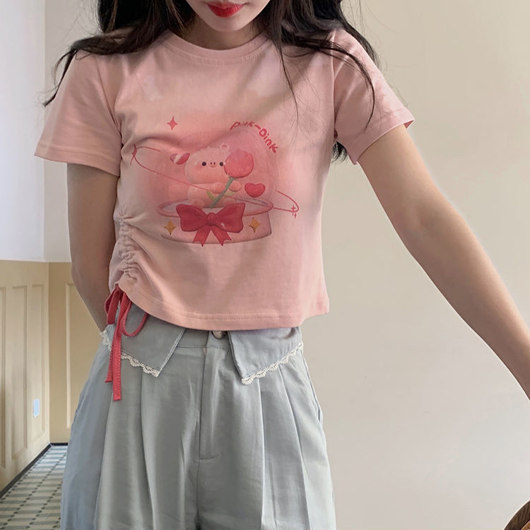  Japanese summer new cartoon pig pig print drawstring short section slim short-sleeved t-shirt female student top t