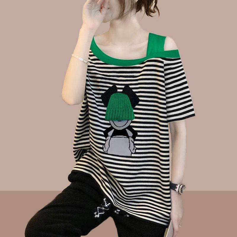 Striped strapless short-sleeved t-shirt women's loose large size foreign gas shirt top European summer 2023 new European station