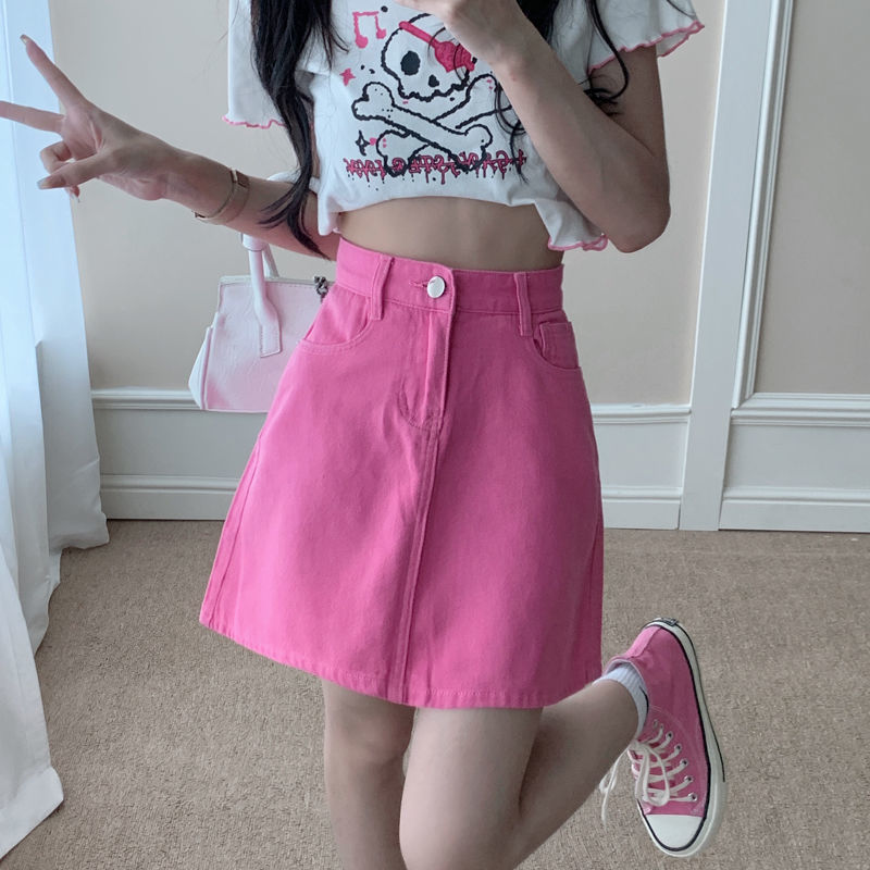 玫紅色牛仔半身裙女夏季高腰顯瘦小個子百搭學生a字包臀裙短裙子