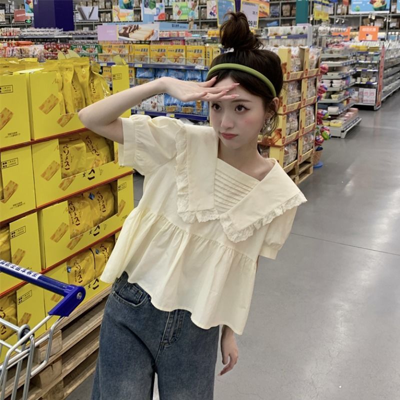 甜美別致娃娃領短袖襯衫女夏季設計感小眾溫柔系襯衣寬鬆韓系上衣