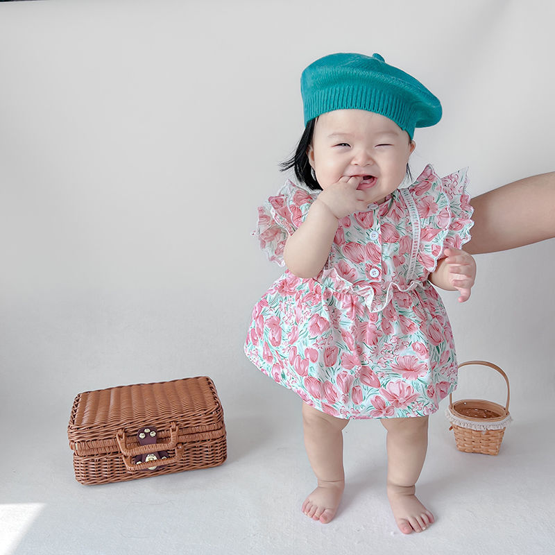 韓版ins風夏季嬰兒小飛袖三角爬爬服女寶寶大花朵花邊連體哈衣裙