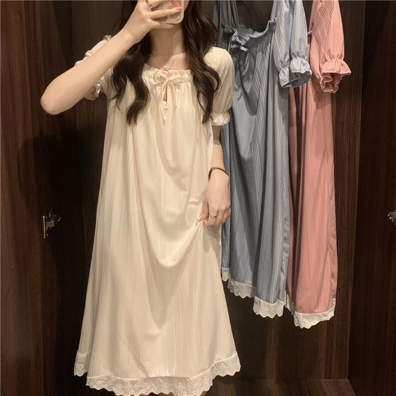 Princess wind mid-length nightdress women's summer thin section showing thin body puff sleeves short-sleeved high-end pajamas skirt
