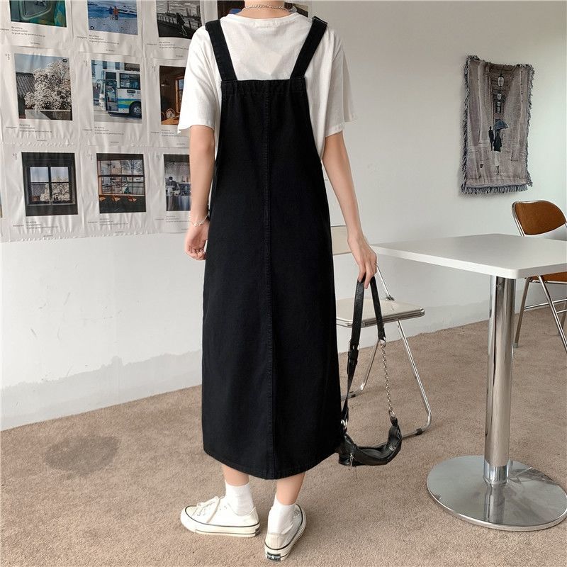 Plus size women's denim suspender skirt summer new style age reduction and thin mid-length section slit fat mm dress trendy