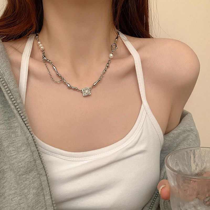 设计感淡水珍珠锆石拼接项链小众高级感锁骨链冷淡风项链
