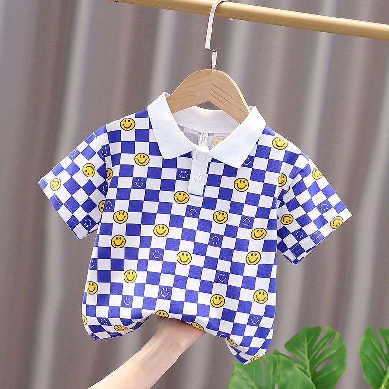 Pure cotton short-sleeved male baby 2022 summer new square printed polo shirt lapel top thin section bottoming shirt tide