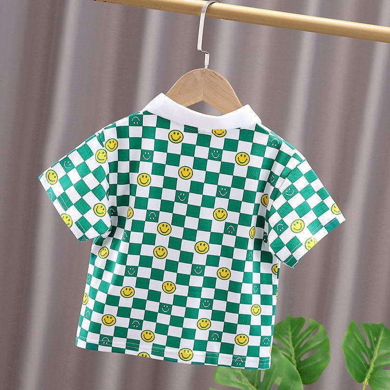 Pure cotton short-sleeved male baby 2022 summer new square printed polo shirt lapel top thin section bottoming shirt tide