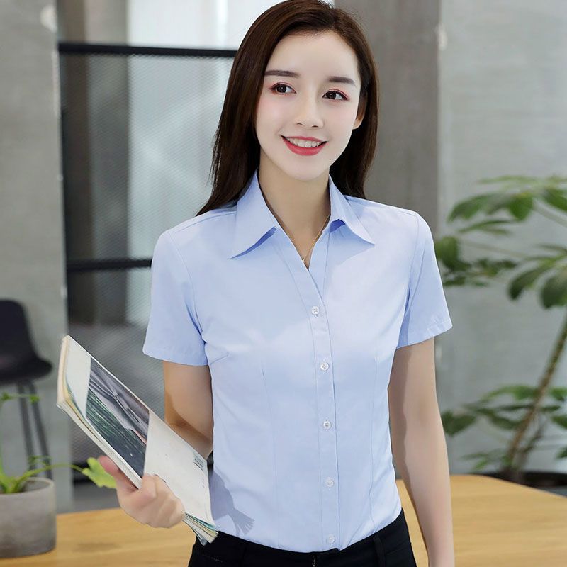 夏季蓝色短袖女士衬衫职业正装v领修身收腰长袖白衬衣通勤工作服