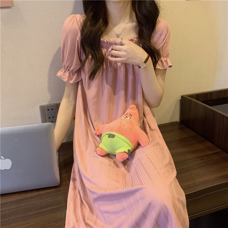 Princess wind mid-length nightdress women's summer thin section showing thin body puff sleeves short-sleeved high-end pajamas skirt