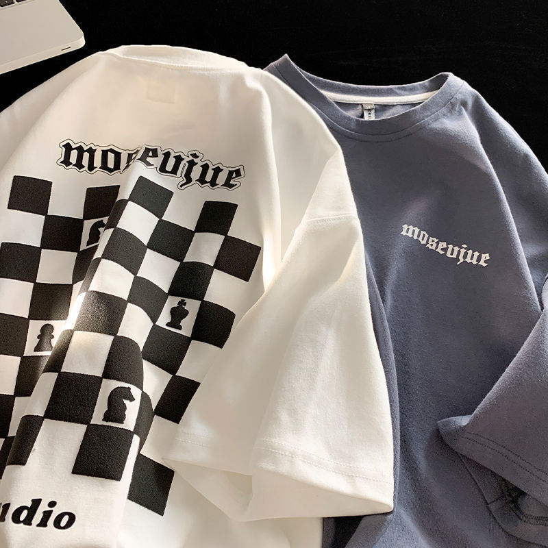 100% cotton checkerboard short-sleeved T-shirt men's trendy hip-hop high street summer loose and versatile clothes T-shirt ins
