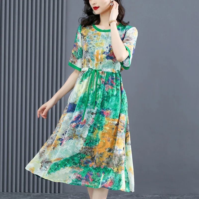 綠色碎花小清新減齡真絲連衣裙2023夏季新款寬鬆顯瘦氣質媽媽裙女