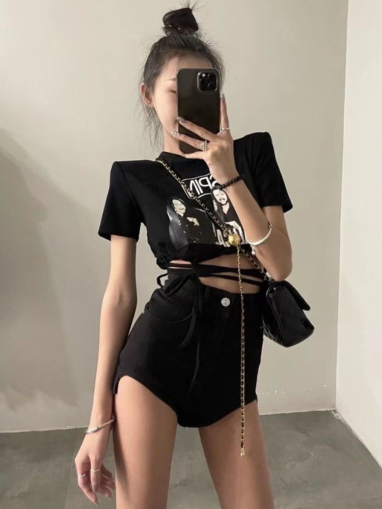 High waist short babes tops pure desire style girls be careful to wear sexy straps European and American high street t-shirt summer tide