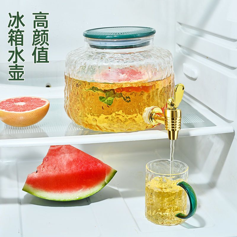 冰箱冷水壶带龙头家用耐高温透明加厚玻璃大容量水果花茶果汁桶壶
