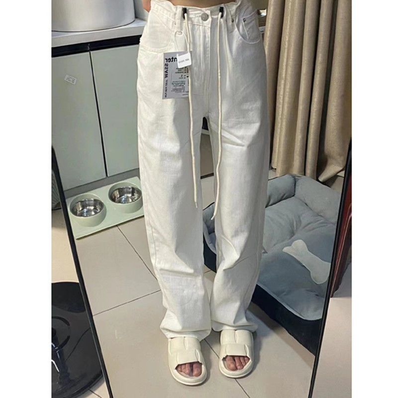 White wide-leg jeans women's high waist slimming  new straight loose drawstring thin section mopping pants
