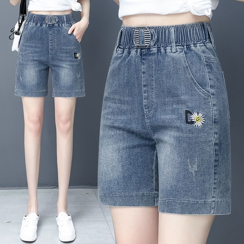 大碼胖妹妹刺繡牛仔短褲女夏季薄款鬆緊高腰寬鬆顯瘦短褲熱褲子潮