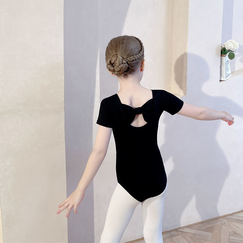 兒童舞蹈服女夏季短袖練功服女童黑色連體服幼兒中國舞考級芭蕾服