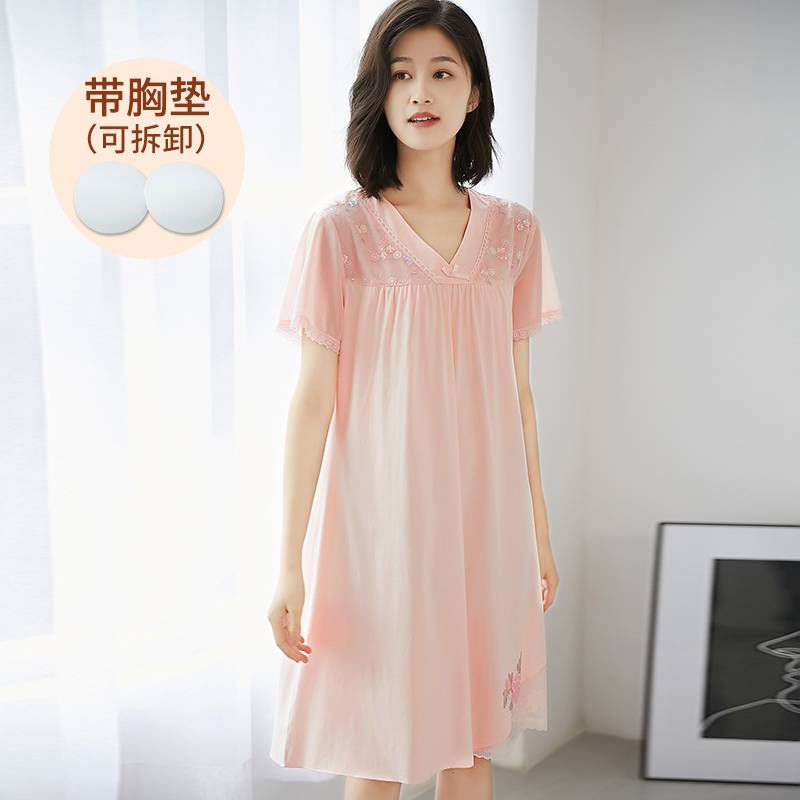Pajamas with chest pad women's summer modal cotton lace palace sweet princess wind pajamas dress long can be worn outside