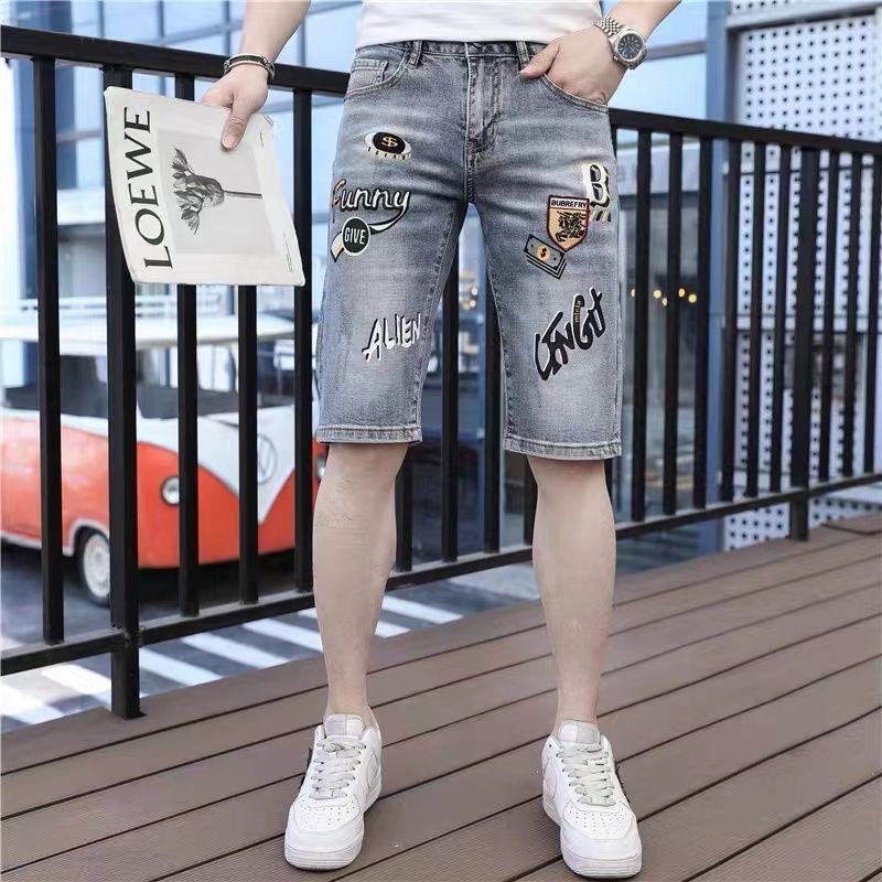 Summer thin denim shorts men's five-point pants slim-fit elastic embroidery printing trend men's casual straight pants