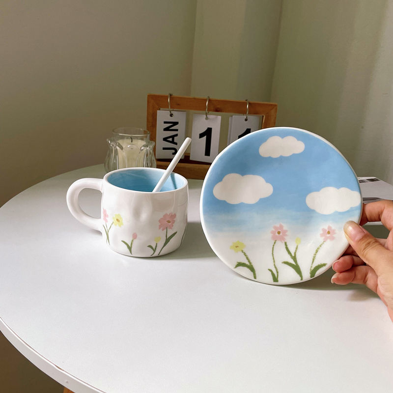 天空之城漫画手绘ins风手捏陶瓷咖啡杯碟套装下午茶高颜值马克杯