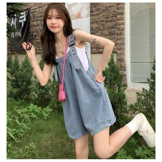 Large size fat mm age-reducing denim bib shorts women's spring and summer new loose all-match slim wide-leg straight-leg pants