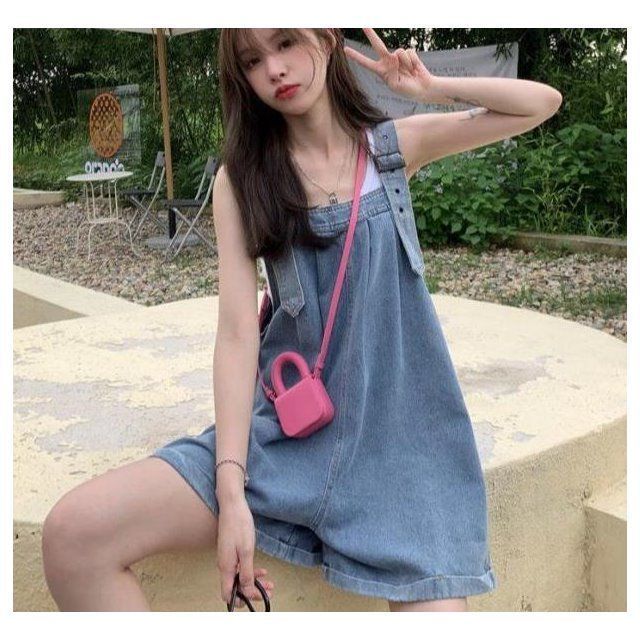 Large size fat mm age-reducing denim bib shorts women's spring and summer new loose all-match slim wide-leg straight-leg pants