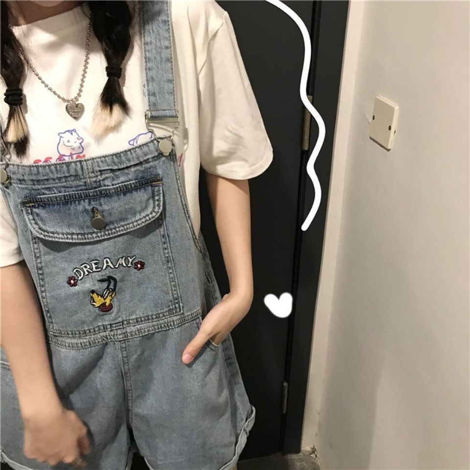 Japanese girl high waist age-reducing denim bib pants summer retro straight loose student wide-leg pants shorts large size