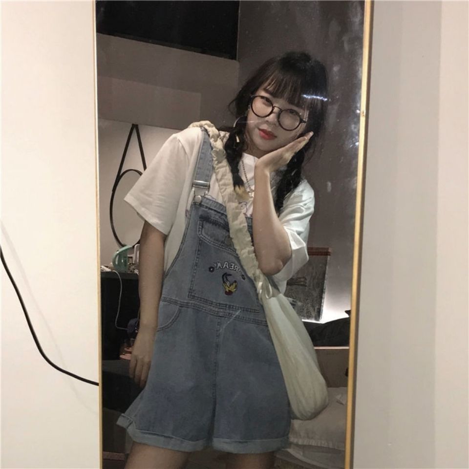 Japanese girl high waist age-reducing denim bib pants summer retro straight loose student wide-leg pants shorts large size