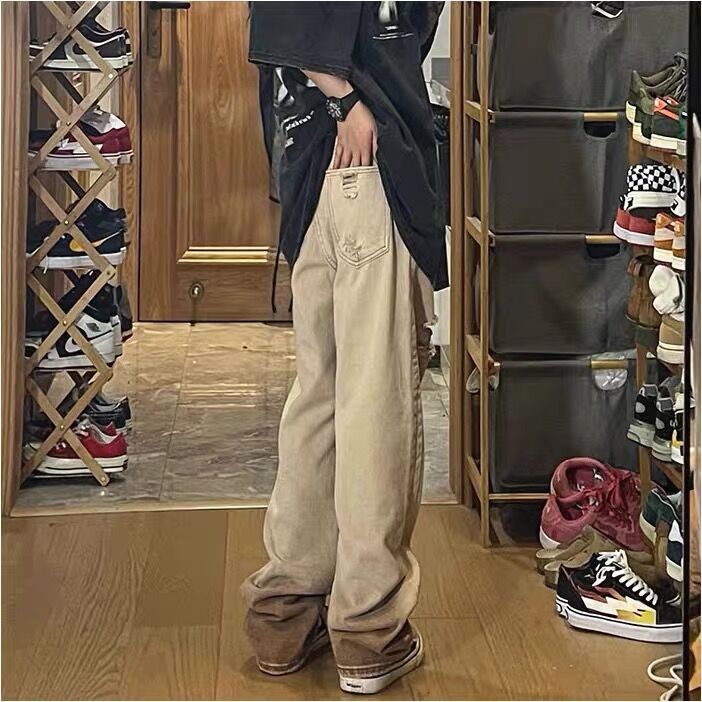 European and American high street vintage feeling old washed ripped jeans women's summer trendy brand ins loose straight long pants