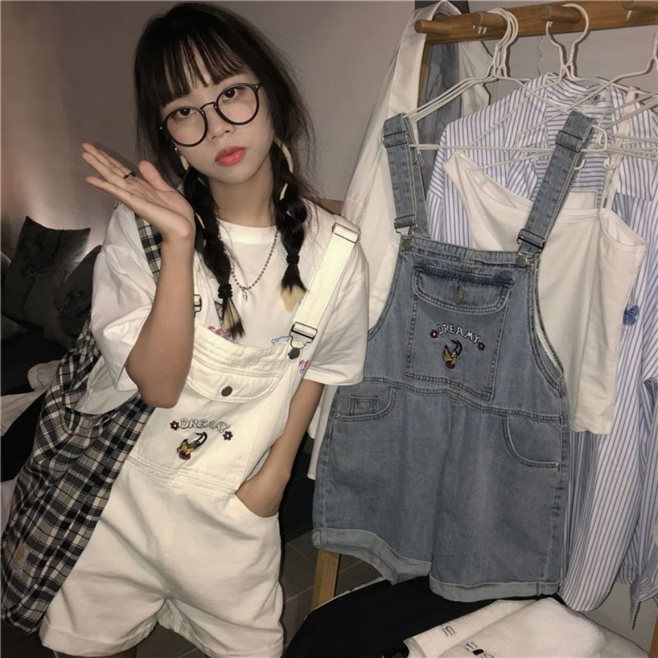 Japanese girl high waist age-reducing denim bib pants summer retro straight loose student wide-leg pants shorts large size