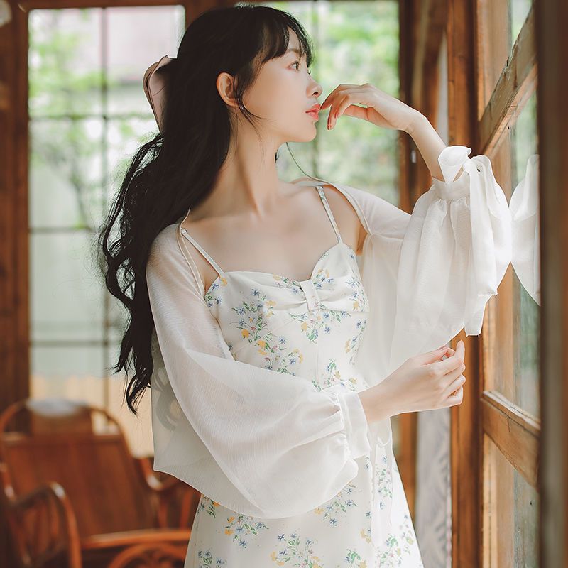 超仙雪紡冰絲防曬衣女開衫小外套披肩夏季配吊帶裙子短款外搭罩衫
