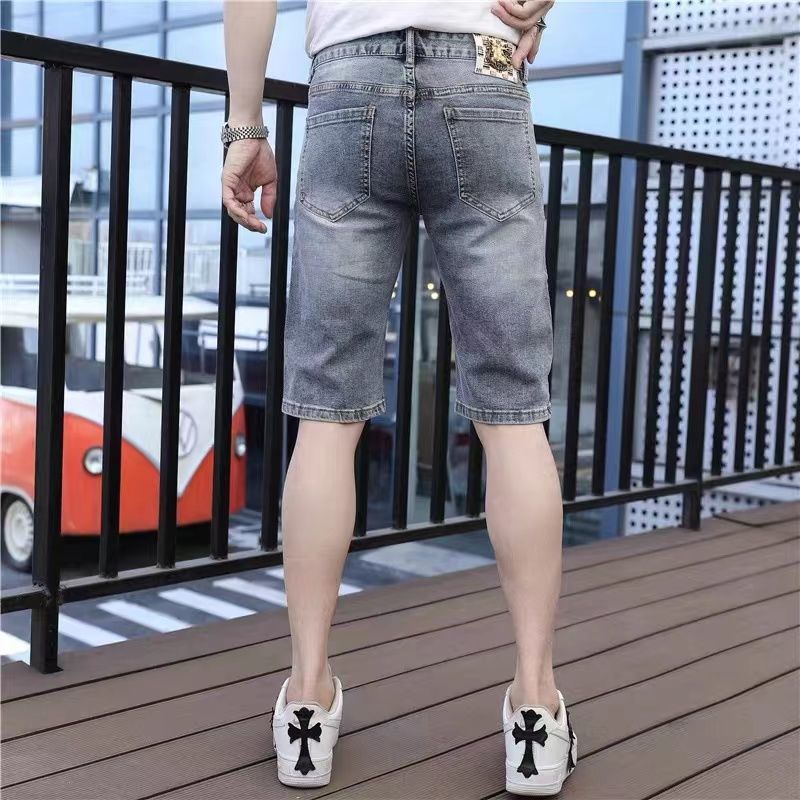 Summer thin denim shorts men's five-point pants slim-fit elastic embroidery printing trend men's casual straight pants