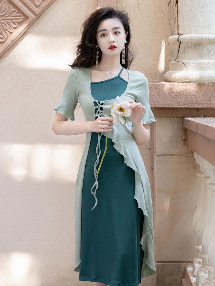 Irregular splicing national style dress women's summer French retro stunning high waist waist slimming temperament bag hip skirt