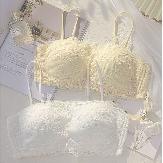 Tube top underwear women's summer thin section without steel ring big breasts show small wrapped chest anti-light lace breathable bra set