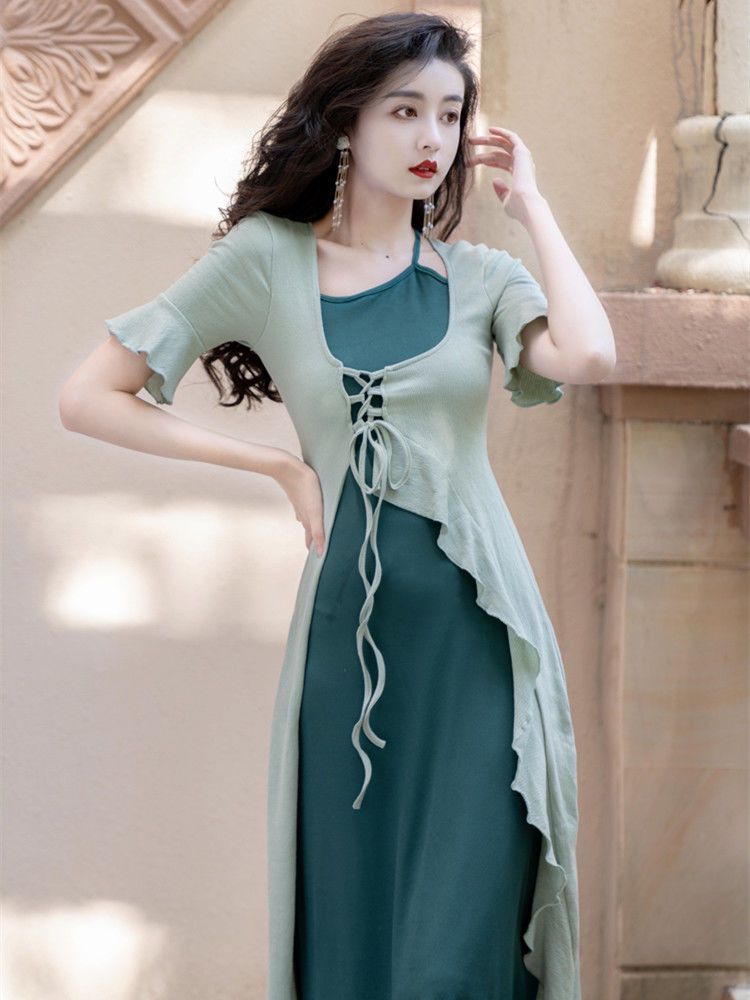 Irregular splicing national style dress women's summer French retro stunning high waist waist slimming temperament bag hip skirt