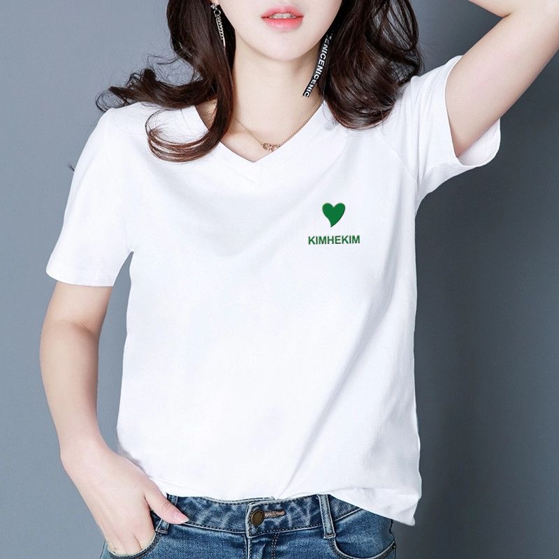 V領雞心領短袖T恤女寬鬆2023夏季新款簡約休閒百搭遮肚子大碼女裝