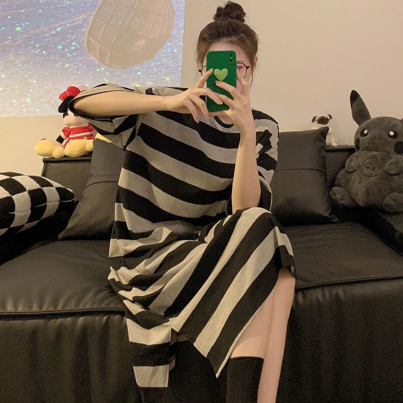 Fat mm2-300 catties nightdress female summer short-sleeved pajamas stripes can be worn outside large size loose 240 home service long skirt