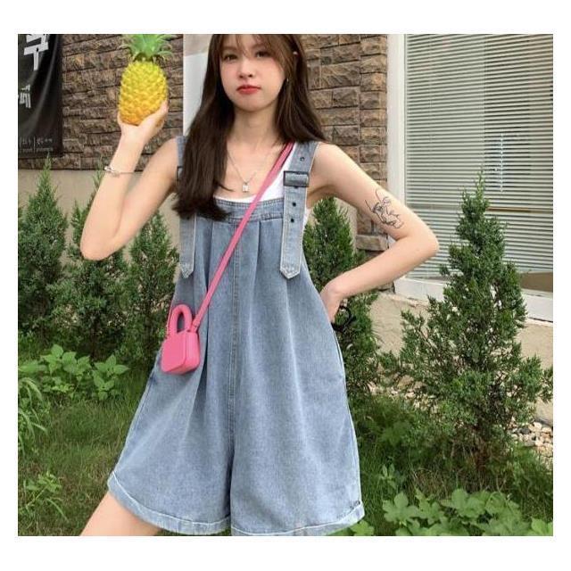 Large size fat mm age-reducing denim bib shorts women's spring and summer new loose all-match slim wide-leg straight-leg pants