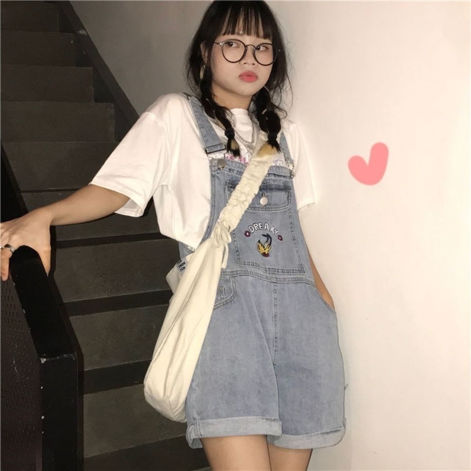 Japanese girl high waist age-reducing denim bib pants summer retro straight loose student wide-leg pants shorts large size