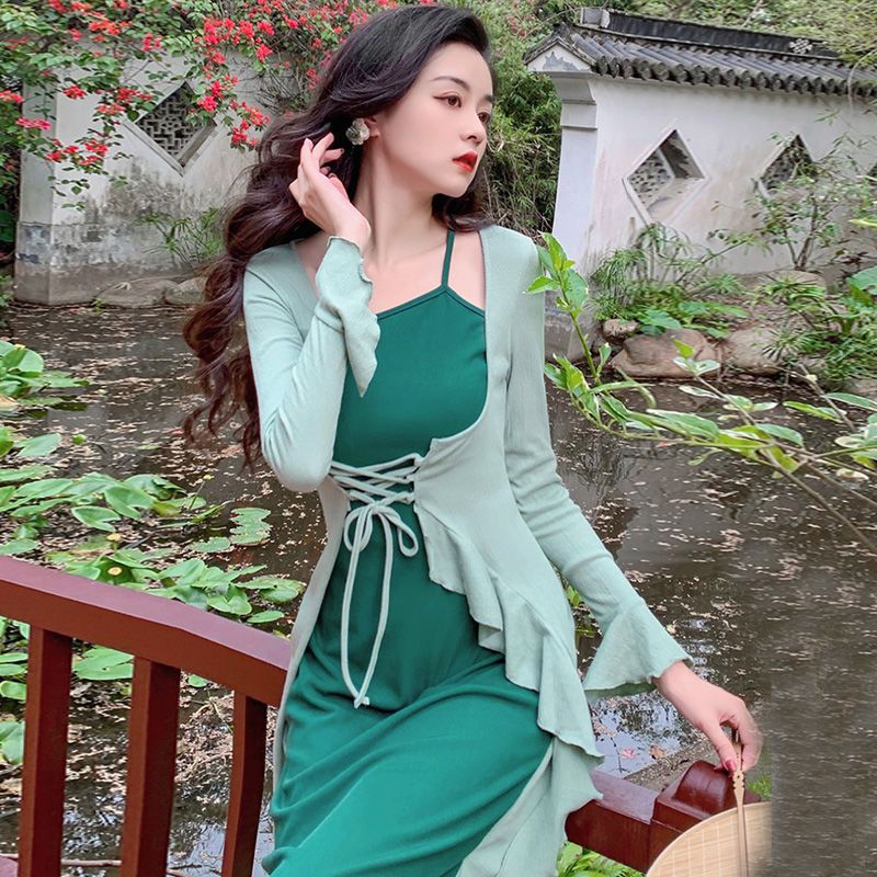 Irregular splicing national style dress women's summer French retro stunning high waist waist slimming temperament bag hip skirt