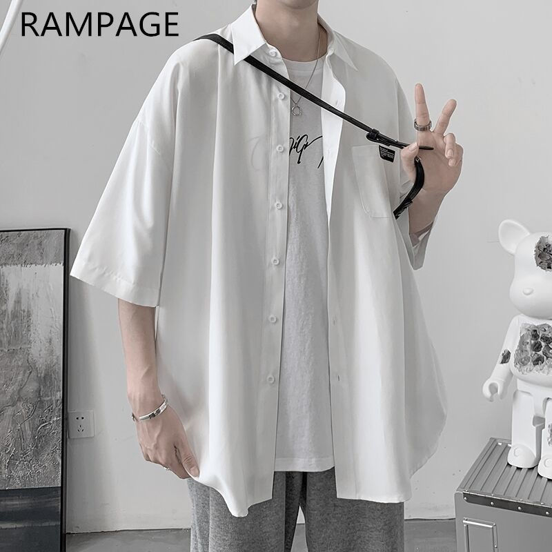 Rampage短袖衬衫男士夏季宽松高级感大码男装冰丝休闲薄款衬衣男