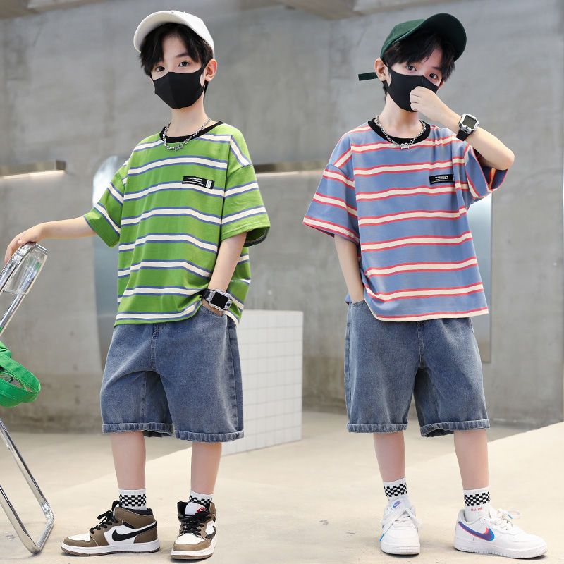 兒童夏季男孩套裝2023新款洋氣中大童短袖夏裝時髦條紋酷帥兩件套