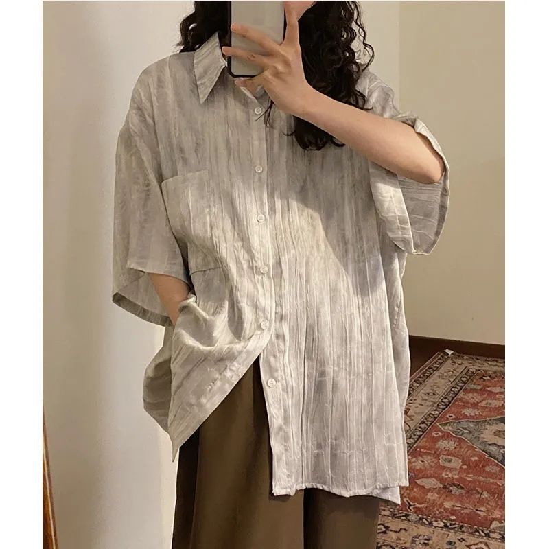 Plus size fat girl Japanese pleated tie-dyed short-sleeved shirt for women in spring and summer design niche loose slim shirt