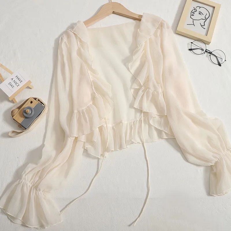 Super fairy sun protection clothing women's summer light sun protection cardigan short coat chiffon shirt with suspenders small shawl blouse for women