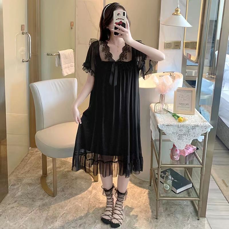 2023 net red women's pajamas cute and sweet lace mesh bowknot nightdress pure desire wind home service can be worn outside in summer
