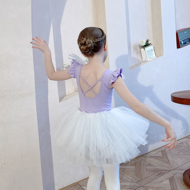 儿童舞蹈服无袖女童练功服夏季季紫色韩版纯棉幼儿考级连体练舞衣