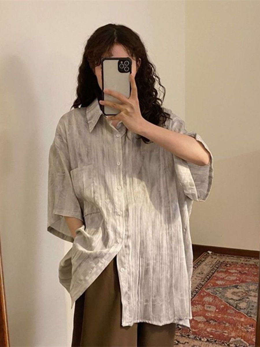 Plus size fat girl Japanese pleated tie-dyed short-sleeved shirt for women in spring and summer design niche loose slim shirt