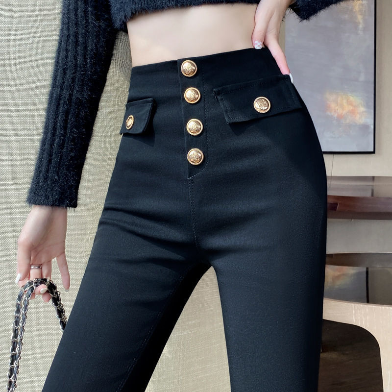 Pure cotton black imitation denim leggings women's 2023 autumn and winter new high waist elastic tight skinny pants