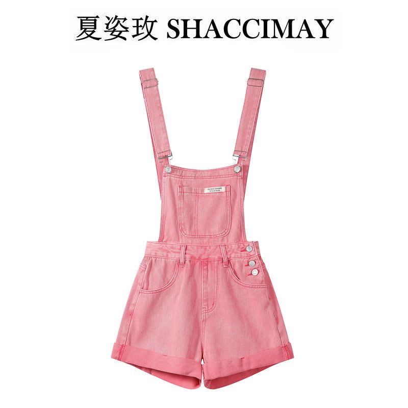 SHACCIMAY 粉色休闲运动背带牛仔短裤子夏季女2023新款设计感小众