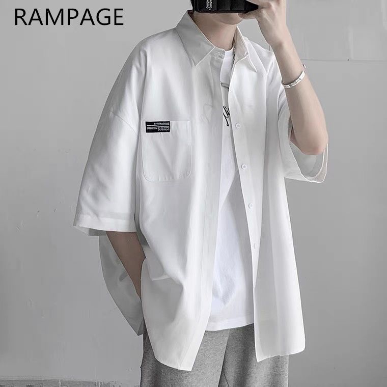 Rampage短袖衬衫男士夏季宽松高级感大码男装冰丝休闲薄款衬衣男